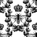 Bee, laurel wreath and crown. Vector seamless background. Monochrome illustration Royalty Free Stock Photo