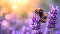 A bee is on a lavender flower with blurred background, AI Royalty Free Stock Photo