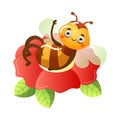 Bee lying and relaxing on red blooming flower vector illustration Royalty Free Stock Photo