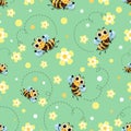 Bee meadow. Bee swarming, honey bees fly in a flower meadow. Cute cartoon character. Seamless pattern. Royalty Free Stock Photo