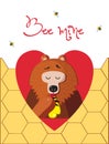 Bee mine greeting card of cute bear eating honey on honeycomb background Royalty Free Stock Photo