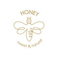 Bee one line draw. Bee one continuous line drawing logo. Honey brand identity. Gold bee icon. Farm symbol. Cute design