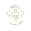 Bee one line draw. Bee one continuous line drawing logo. Honey brand identity. Gold bee icon. Farm symbol. Vector design