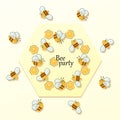 Bee party. Frame, poster. Cute insect set. Bee kind funny inspirational background with flying bees