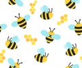 Bee pattern with cartoon bee characters, beehive and doodles. Seamless bee background Royalty Free Stock Photo