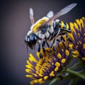 A bee perched on a yellow and purple striped flower, collecting nectar