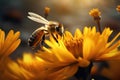 A bee perches on a vibrant flower, fulfilling its vital role as a pollinator in the ecosystem, Bees hovering above a stunning