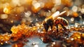 A bee is on a piece of honeycomb with bubbles around it, AI