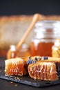 Bee pollen granules, honey jar with wooden dropper, honeycomb on dark backdrop. Copy space. Autumn harvest concept