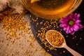 Bee pollen granules and propolis in wooden spoon Royalty Free Stock Photo