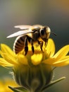 A bee pollinates a yellow flower on a sunny spring or summer day Royalty Free Stock Photo