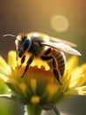 A bee pollinates a yellow flower on a sunny spring or summer day Royalty Free Stock Photo