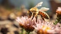 A bee pollinating a flower, showcasing the vital role each plays in the survival of the other, illustrating the concept of mutual