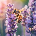 Bee Pollinating Lavender Flowers in Garden Royalty Free Stock Photo