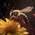 Bee pollinating a yellow flower on a dark background. Macro shot Royalty Free Stock Photo