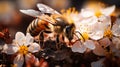 Bee resting on a flower in a garden , Honey bee collecting pollen from cherry blossom. Macro shot. Royalty Free Stock Photo