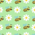 Bee seamless pattern with flowers,  isolated on green background. Vector flat illustration. Royalty Free Stock Photo