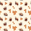 Bee seamless pattern. Print with cute cartoon flying honey bees, bug funny character and honeycomb. Wasp and bumblebee Royalty Free Stock Photo