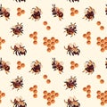 Bee seamless pattern. Print with cute cartoon flying honey bees, bug funny character and honeycomb. Wasp and bumblebee texture.