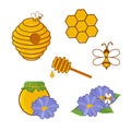 Bee set. Honey. Bees, sunflower, chamomile, beehive, honeycomb, drop. Vector illustration Royalty Free Stock Photo