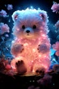 A cute magical spaceteddy bear with a transparent glowing body floats in a magical nighttime landscape