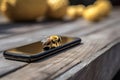 Bee sitting on phone closeup photo. Generate ai