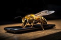 Bee sitting on phone closeup photo. Generate ai