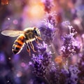 A bee sitting on a purple flower, dark blurred background. Flowering flowers, a symbol of spring, new life Royalty Free Stock Photo