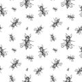 Bee sketch pattern. Hand drawn insect bees on transparent background. Seamless vector backdrop.