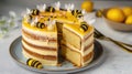 Bee sting cake on a plate and on a cake slice. Generative Ai Royalty Free Stock Photo