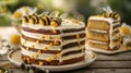 Bee sting cake on a plate and on a cake slice. Generative Ai Royalty Free Stock Photo
