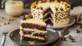 Bee sting cake on a plate and on a cake slice. Generative Ai Royalty Free Stock Photo