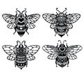 4 styles of Mandala bees for adult coloring book, printing,engraving,tattoo and so on. Vector illustration