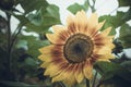 Bee on sunflower. Closeup sunflower on the blue sky background. Agriculture. Beautiful growing sunflower Royalty Free Stock Photo