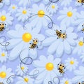 Bee swarm. Vector chamomile background. Bees in camomile meadow. Royalty Free Stock Photo