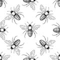 Bee vector seamless pattern. Hand drawn insect background.