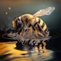 Bee On Water, Close-Up Macro Shot Of A Bee On Water Or Honeybee