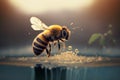 Bee on water, honeybee macro