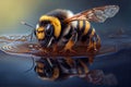 Bee on water, honeybee macro. Realistic ilustration. Generative ai