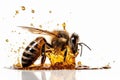 Bee on a white background with drips of honey, emphasizing the importance of bees in pollination and honey production. Ai