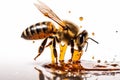 Bee on a white background with drips of honey, emphasizing the importance of bees in pollination and honey production. Ai