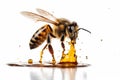 Bee on a white background with drips of honey, emphasizing the importance of bees in pollination and honey production. Ai