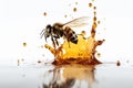 Bee on a white background with drips of honey, emphasizing the importance of bees in pollination and honey production. Ai