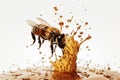 Bee on a white background with drips of honey, emphasizing the importance of bees in pollination and honey production. Ai