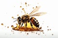 Bee on a white background with drips of honey, emphasizing the importance of bees in pollination and honey production. Ai