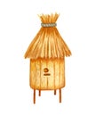 Bee Wooden Beehive with Straw Roof. Watercolor Illustration With Bee Hive Isolated on White Background.