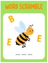 Bee Word scramble . Educational game for kids. English language spelling worksheet for preschool children. Royalty Free Stock Photo