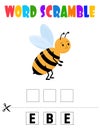 Bee Word scramble . Educational game for kids. English language spelling worksheet for preschool children. Royalty Free Stock Photo