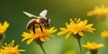 Bee on yellow flower with blue sky background, Sunflower field Royalty Free Stock Photo