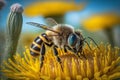 Bee and yellow flower dandelion. Close up of a large striped bee collecting pollen on a yellow flower dandelion, Generative AI Royalty Free Stock Photo